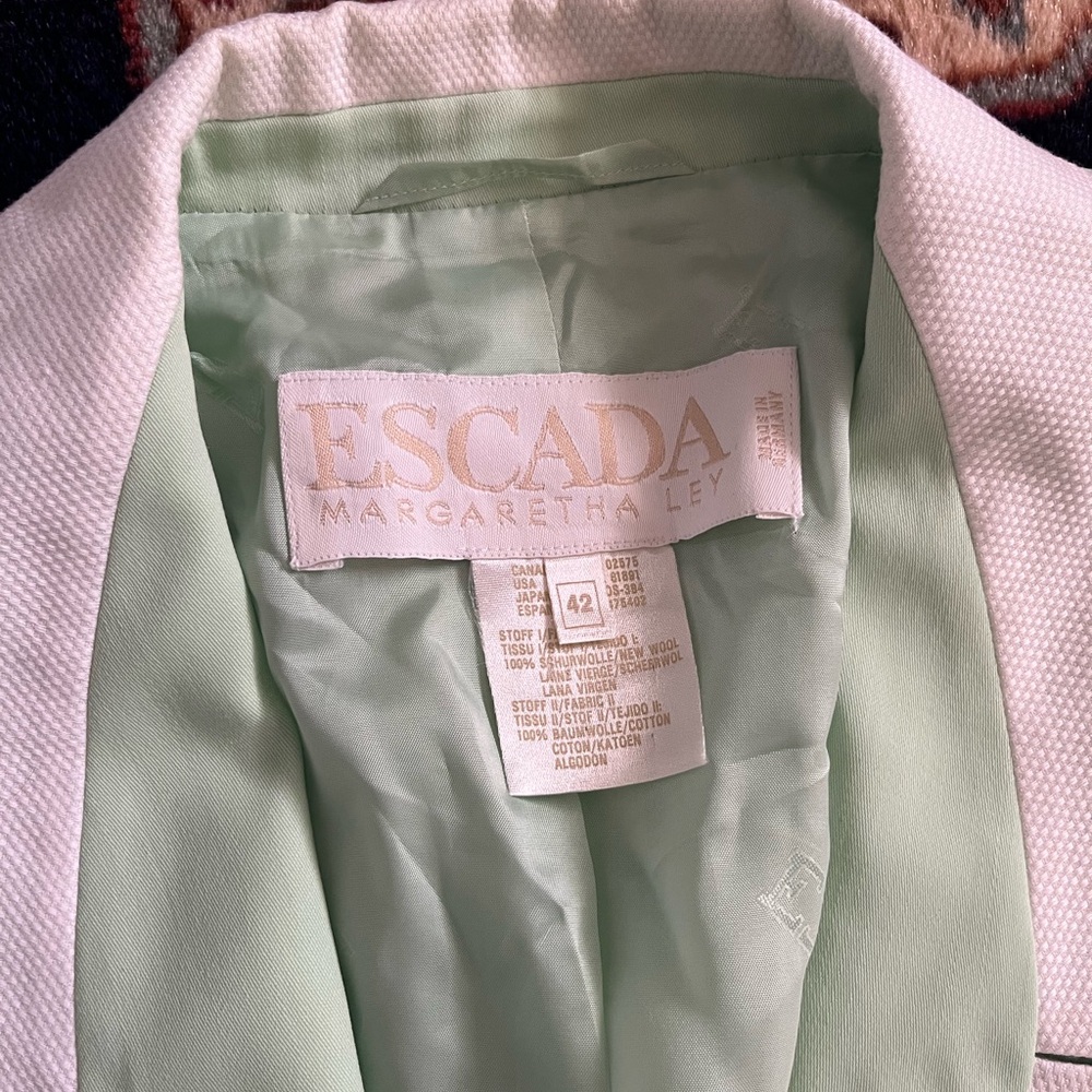 Vintage Escada 80s seafoam green white wool blazer jacket sport coat EU 42 L - Picture 6 of 13